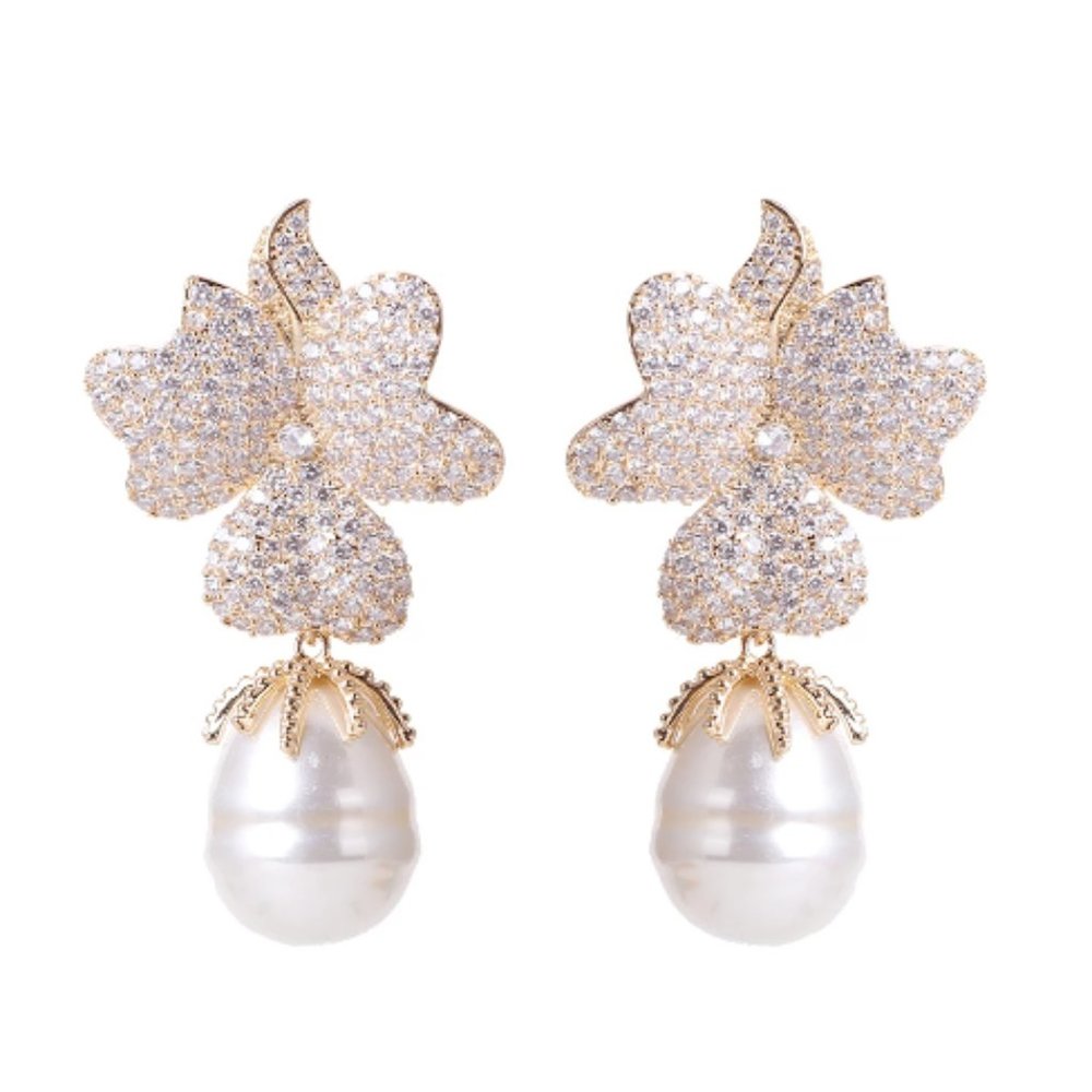 NEW ~ Anthropologie Made by Maddie Travona Floral Pave Crystal & Pearl Earrings